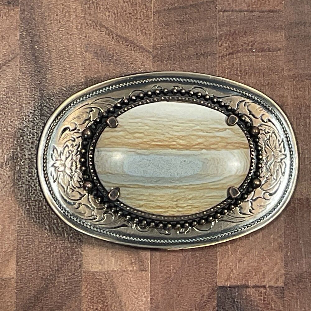 Agate Stone Belt Buckle Gold Tone Western Americana Vintage USA Rodeo Cowboy